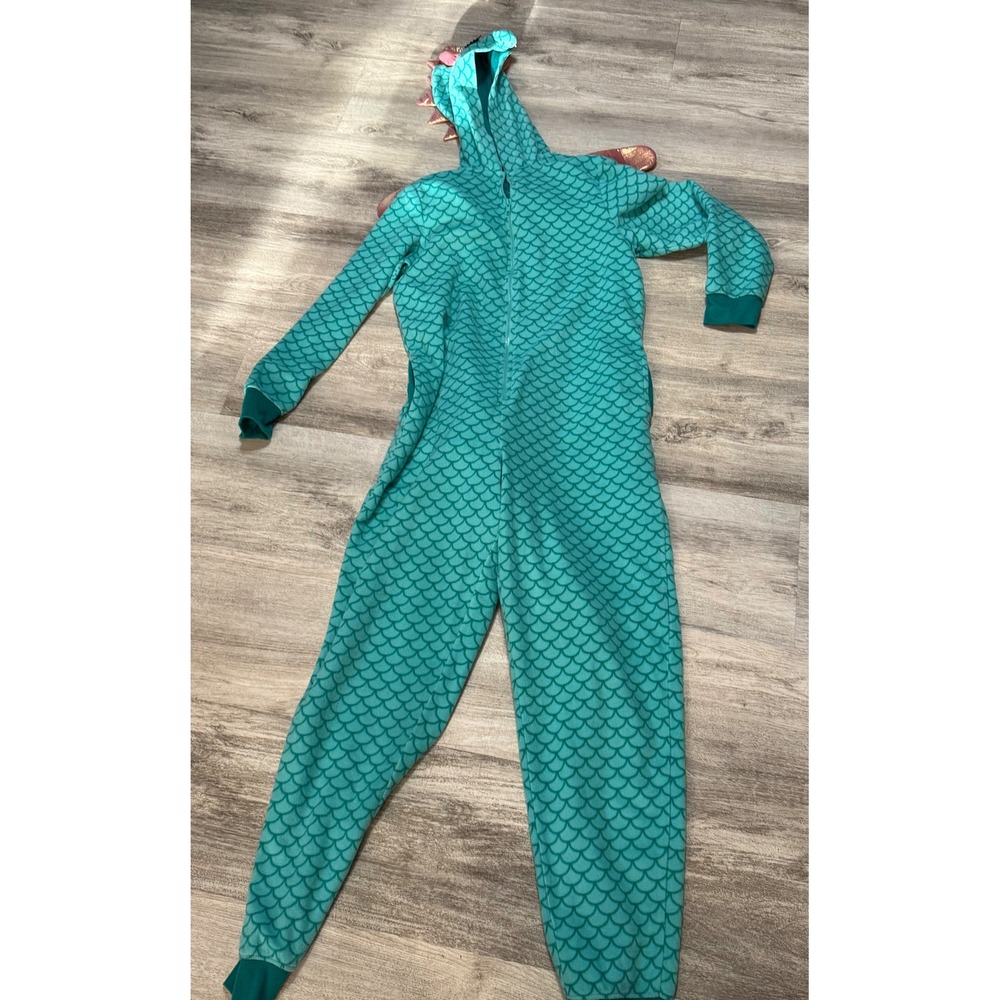Xhilaration Teal Dragon Scale Fleece Hooded Pajama Onesie Sleepwear S